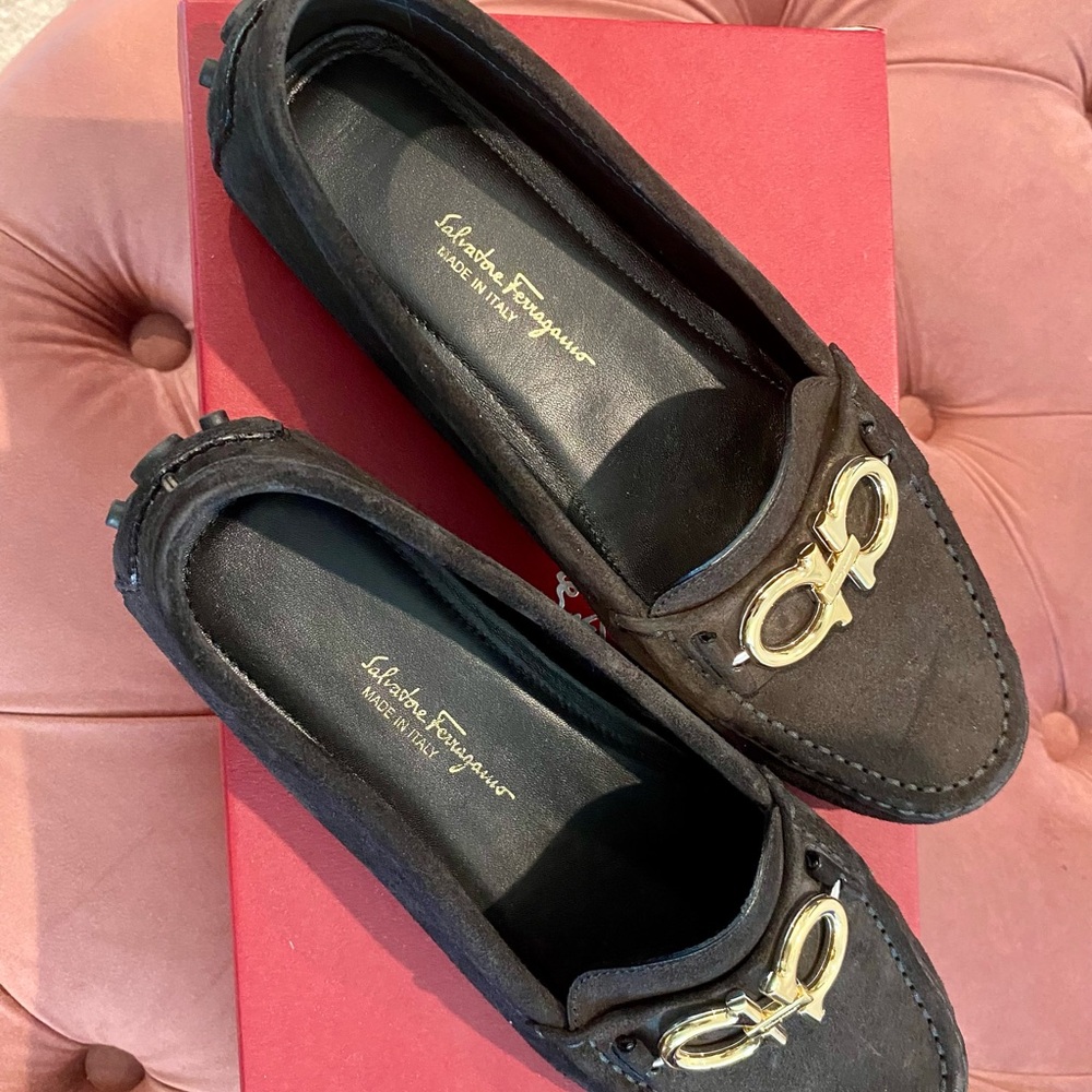 Salvatore Ferragamo Black Loafers with Gold or Silver Accents